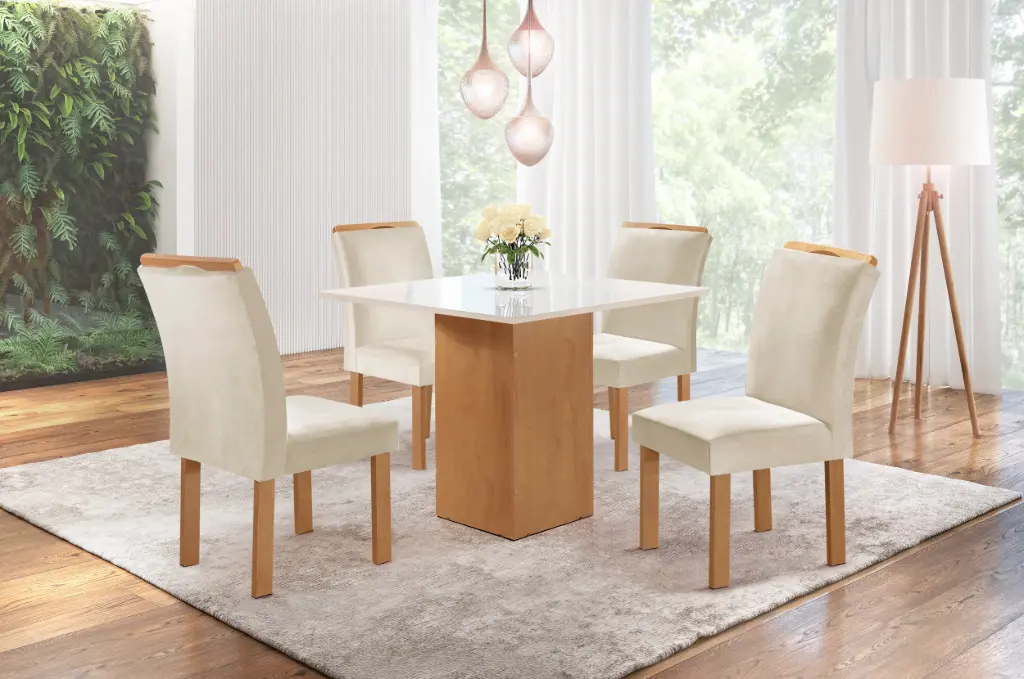  MESA DAKOTA 90 X 90 C/ 04 CADEIRAS LONDRES-CINAMONO-TECIDO 169-TAMPO LONDRES OFF WHITE 