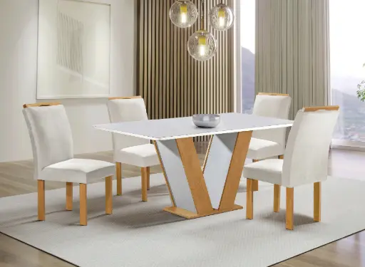 MESA QATAR 1,20 C/ 04 CADEIRAS LONDRES-CINAMONO/OFF WHITE-TECIDO 169-TAMPO LONDRES OFF WHITE